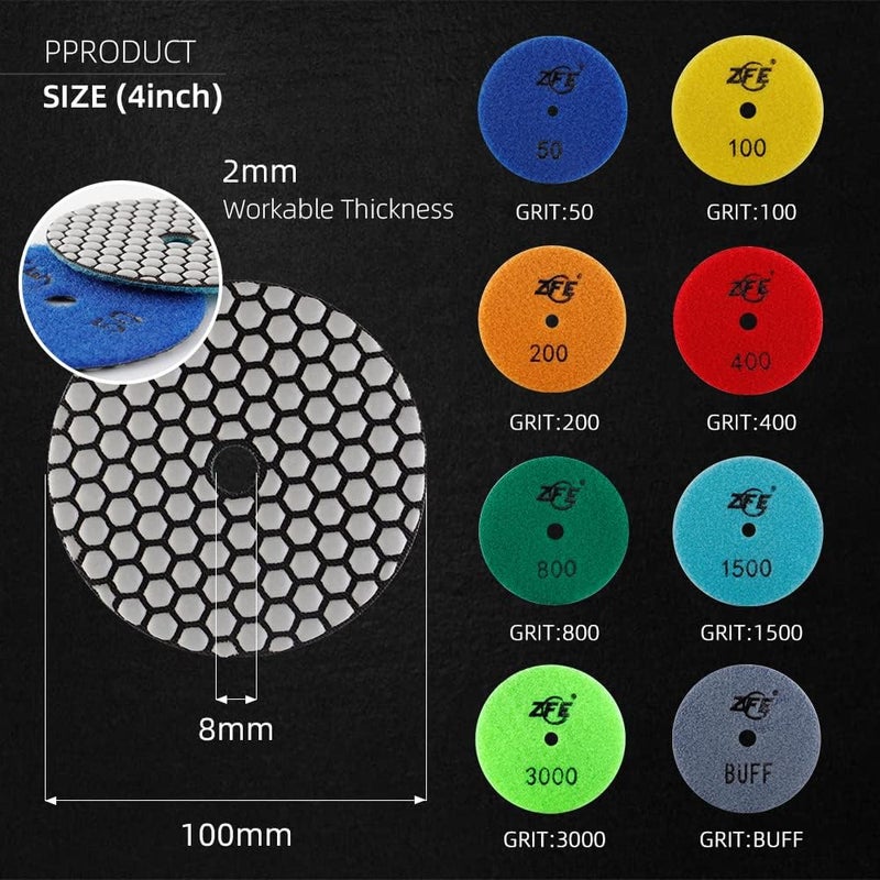 ZFE Diamond Polishing Pads, 9Pcs 4 Inch 100mm Dry Polishing Pads Set with 5/8”-11 Backing Plate for Granite Concrete Marble Quartz Stone Countertop Polishing - Image 2